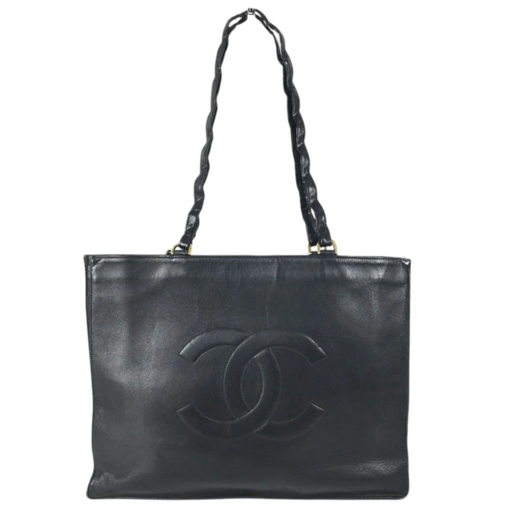 CHANEL Vintage CC Coco Mark Logo Tote Bag Shoulder Leather Men's Women's Black